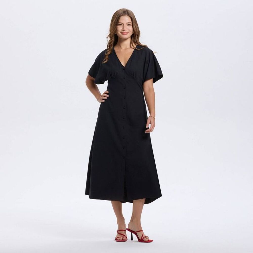 A New Day - Women's Short Sleeve Button-Down Flared Midi A-Lin Black - Picture 3 of 3